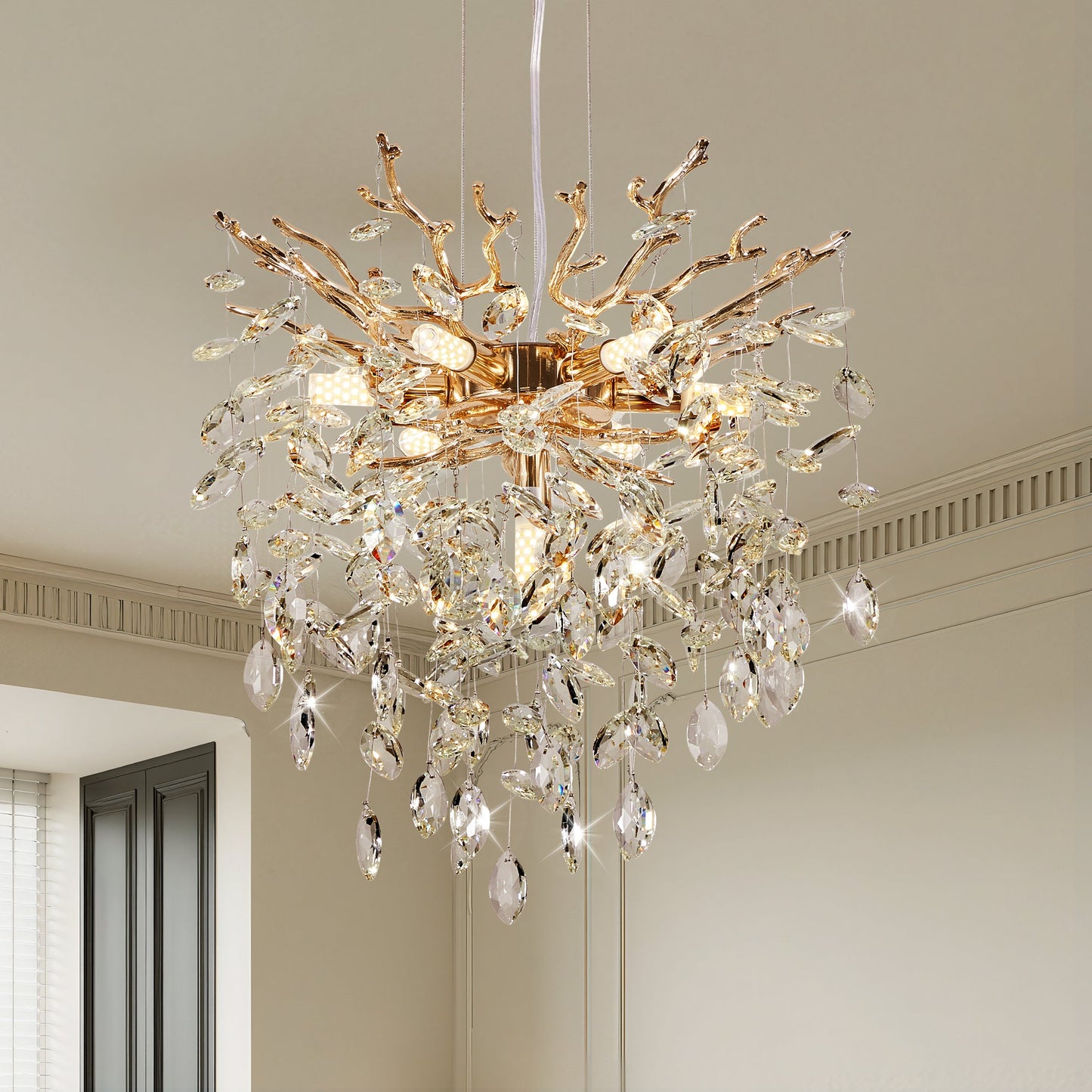 Chandelier Tree Branch Crystal Gold 7-Light Modern 18 In Living Dining