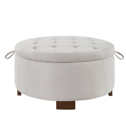 Round Storage Ottoman with Reversible Lid, Boucle Fabric Upholstered, Beige