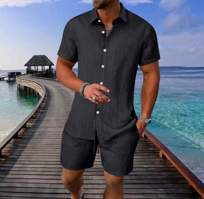 Seaside Casual Trendy Shirt With A Turn-down Collar And Short Sleeves Set