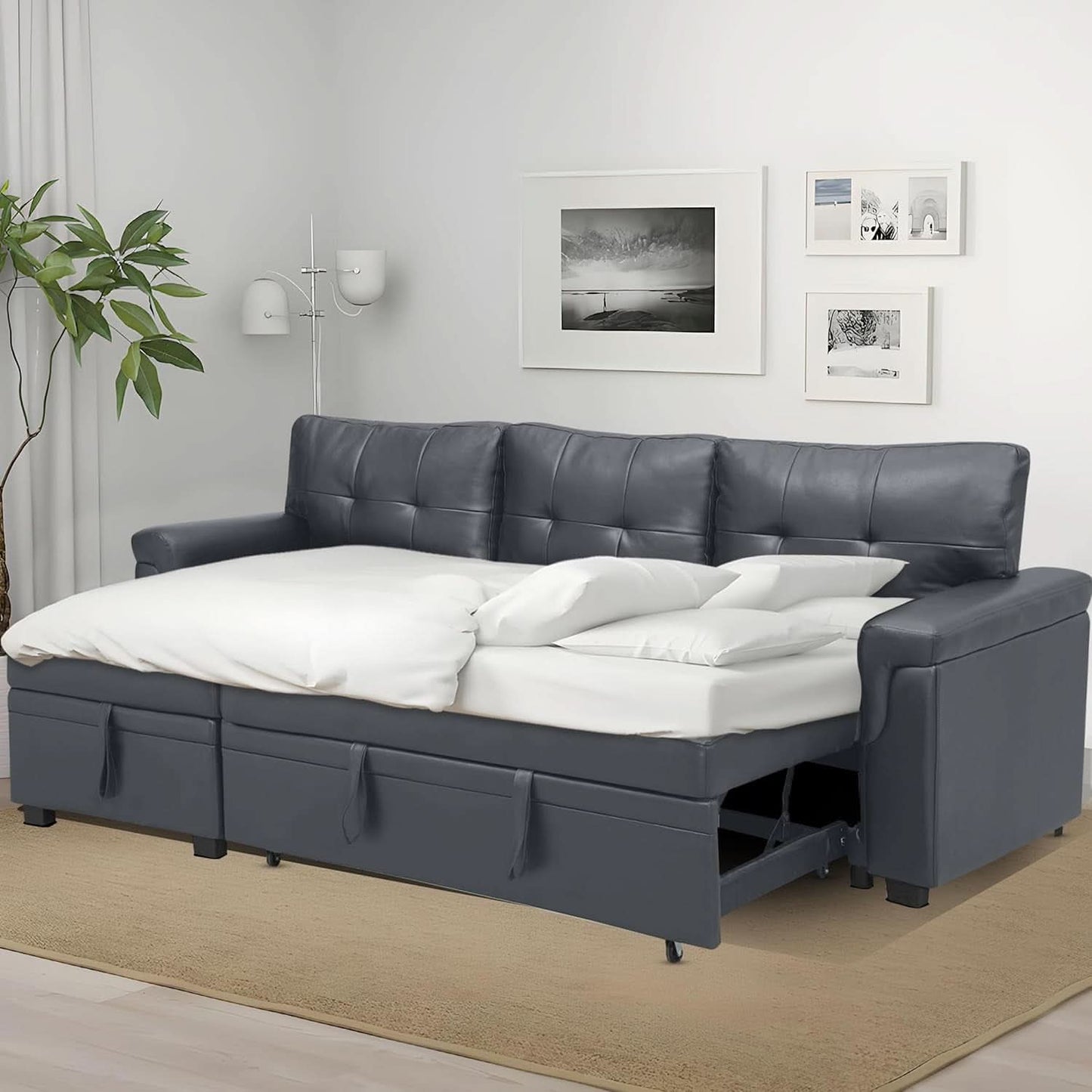 Sleeper Sectional Sofa With Convertible Bed In Dark Gray