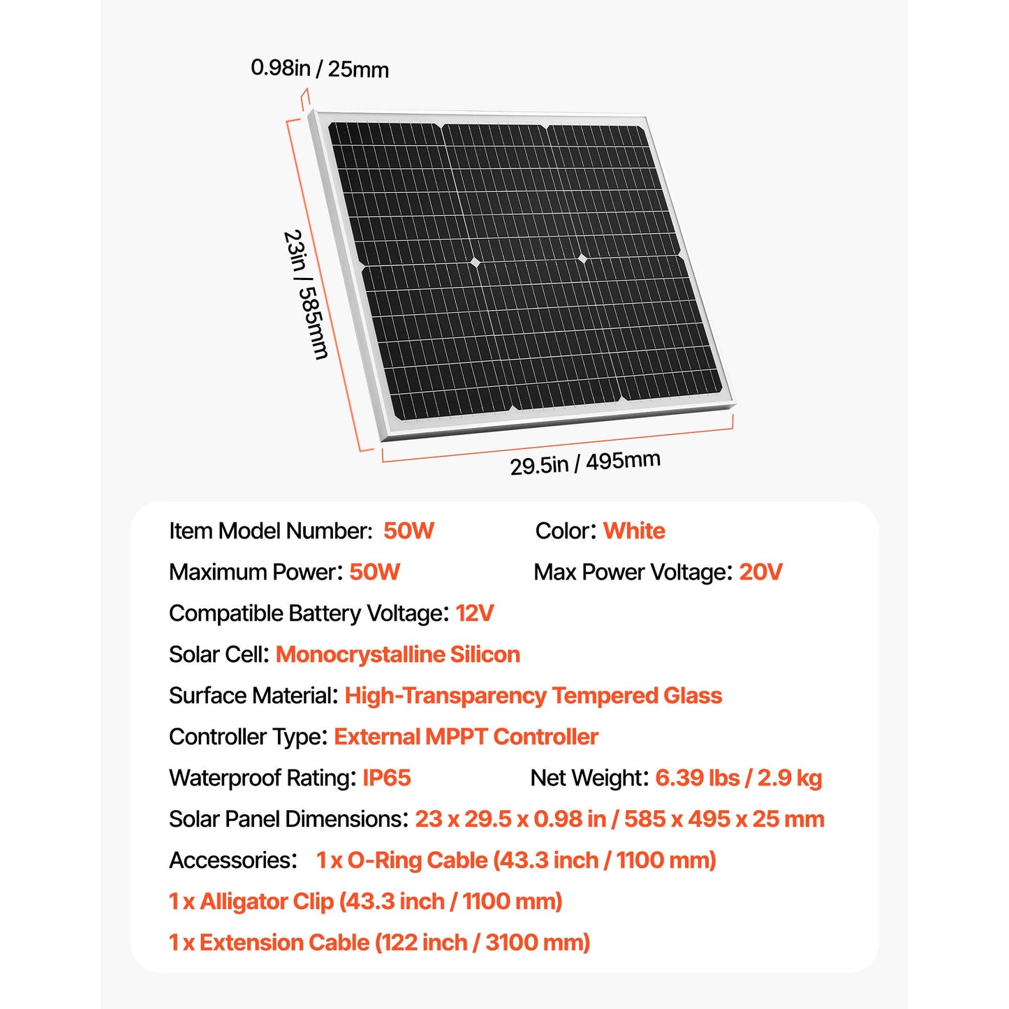 50W 12V Solar Battery Trickle Charger, MPPT Controller, IP65, for Car Boat RV