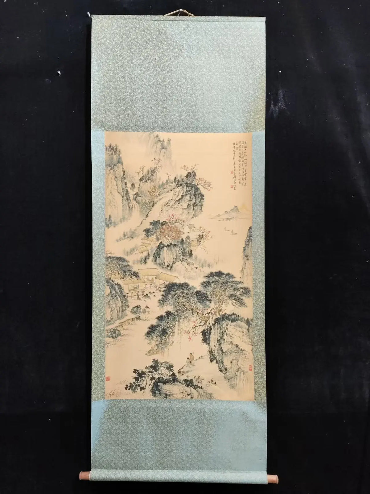 Antique Chinese Landscape Hanging Scroll with Calligraphy