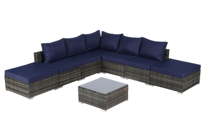 Outdoor Sectional Set PE Rattan Steel Dark Blue 8 Piece Seats 8 380 LB