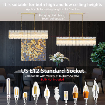 Chandelier Crystal Glass 10-Light Gold Modern Rectangular Pendant Dining