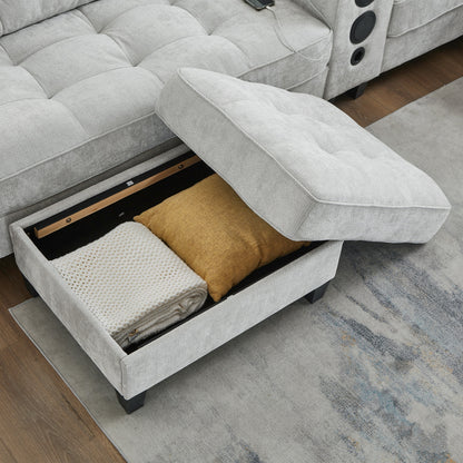 Sectional Sofa U-Shape Chenille Light Gray 6 Seat Bluetooth 126 In
