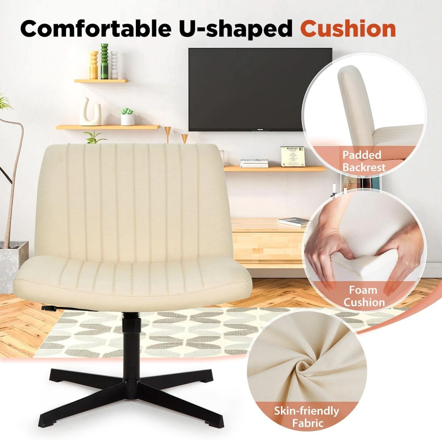 Criss Cross Armless Office Chair Beige Height Adjustable
