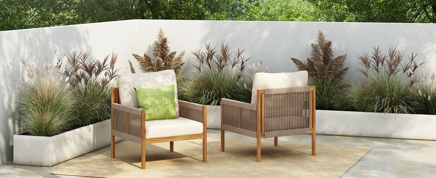 Outdoor Lounge Chair Solid Wood Teak Woven Polyester Cushion Set of 2