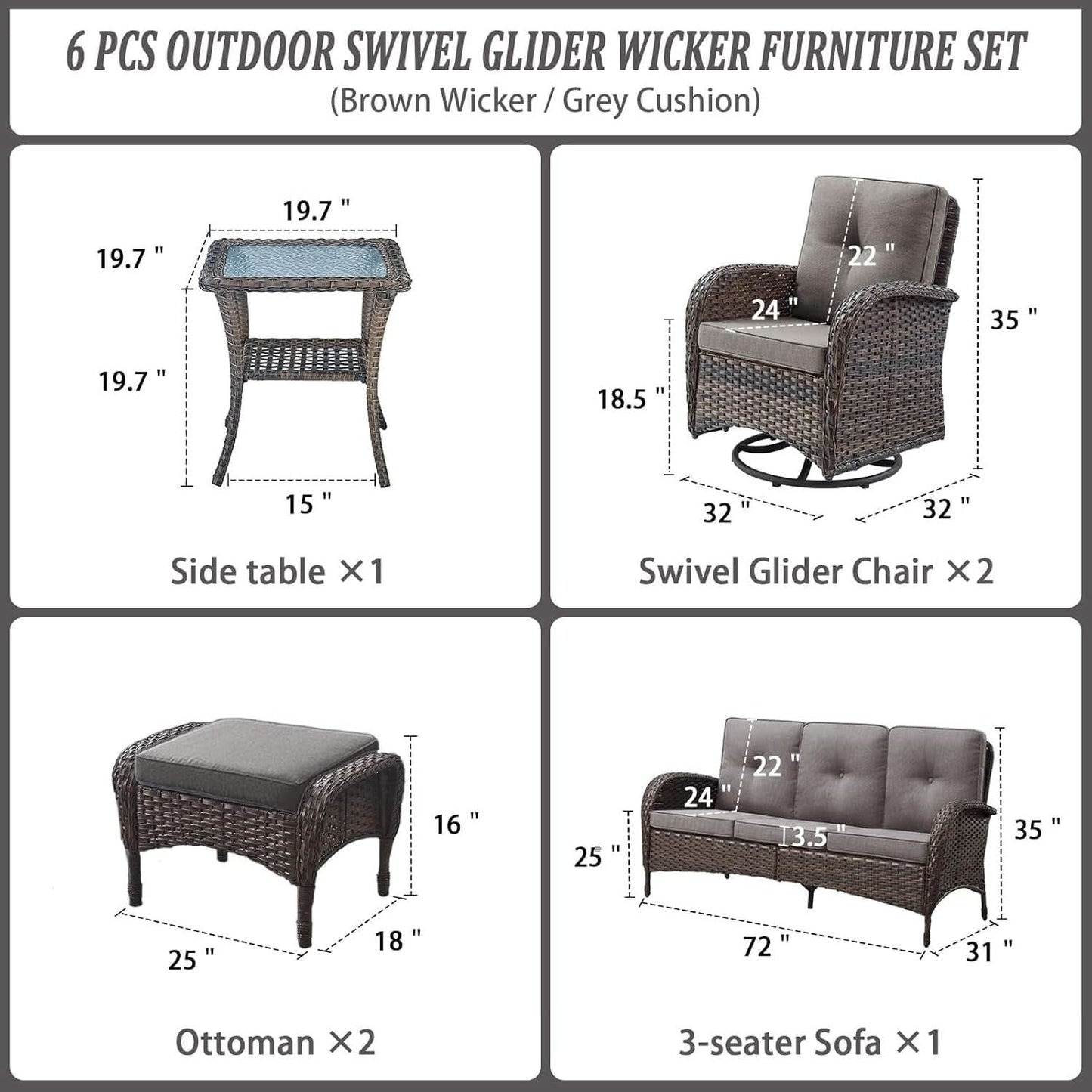 6 Piece Outdoor Patio Conversation Set Brown Wicker