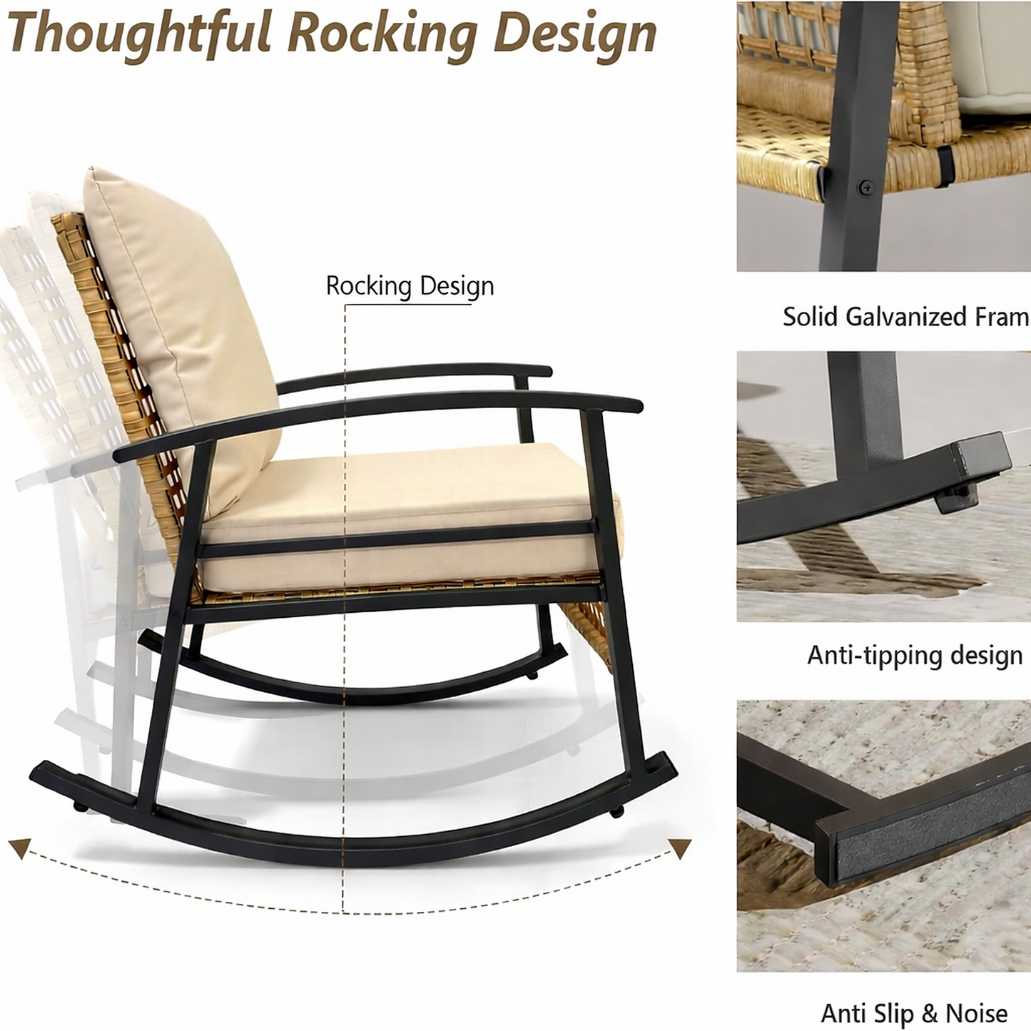 Outdoor Rocking Chair Set Iron Wicker Beige Yellow 3 Piece Table