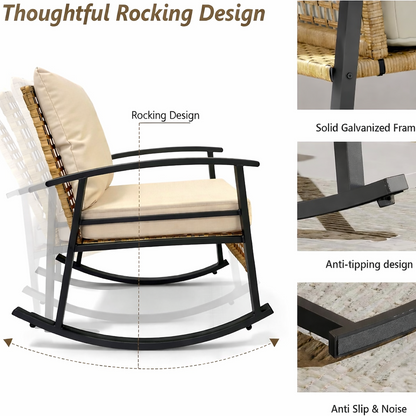 Outdoor Rocking Chair Set Iron Wicker Beige Yellow 3 Piece Table