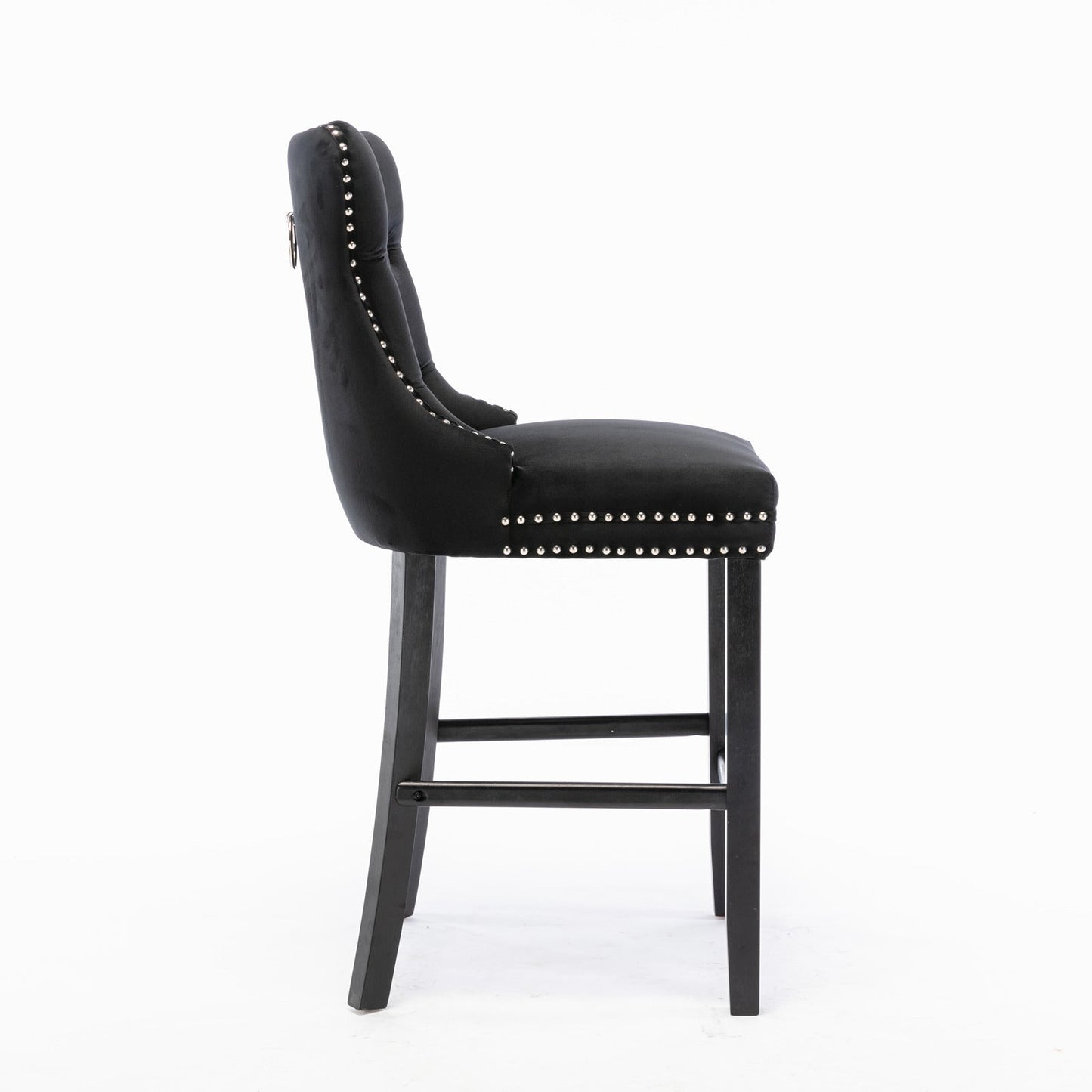 Contemporary Velvet Upholstered Barstools Button Tufted with Wood Legs, Set of 2, Black