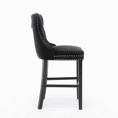 Contemporary Velvet Upholstered Barstools Button Tufted with Wood Legs, Set of 2, Black