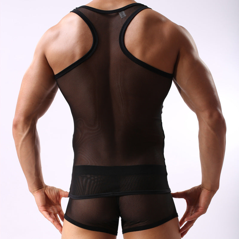 Fitness Transparent Cutout Mesh Men's Underwear Mesh Style For Sports Hurdles Vest Shorts Set