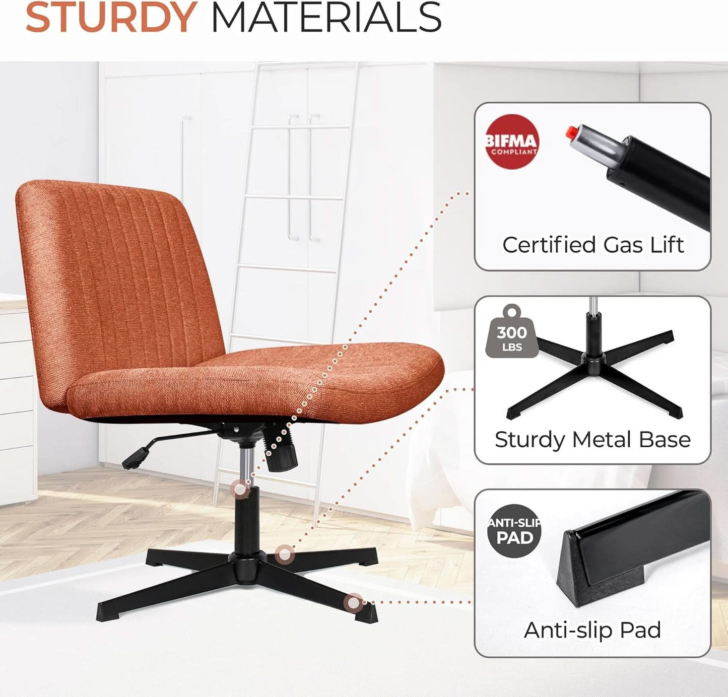 Cross Legged Office Desk Chair Brown Fabric Adjustable
