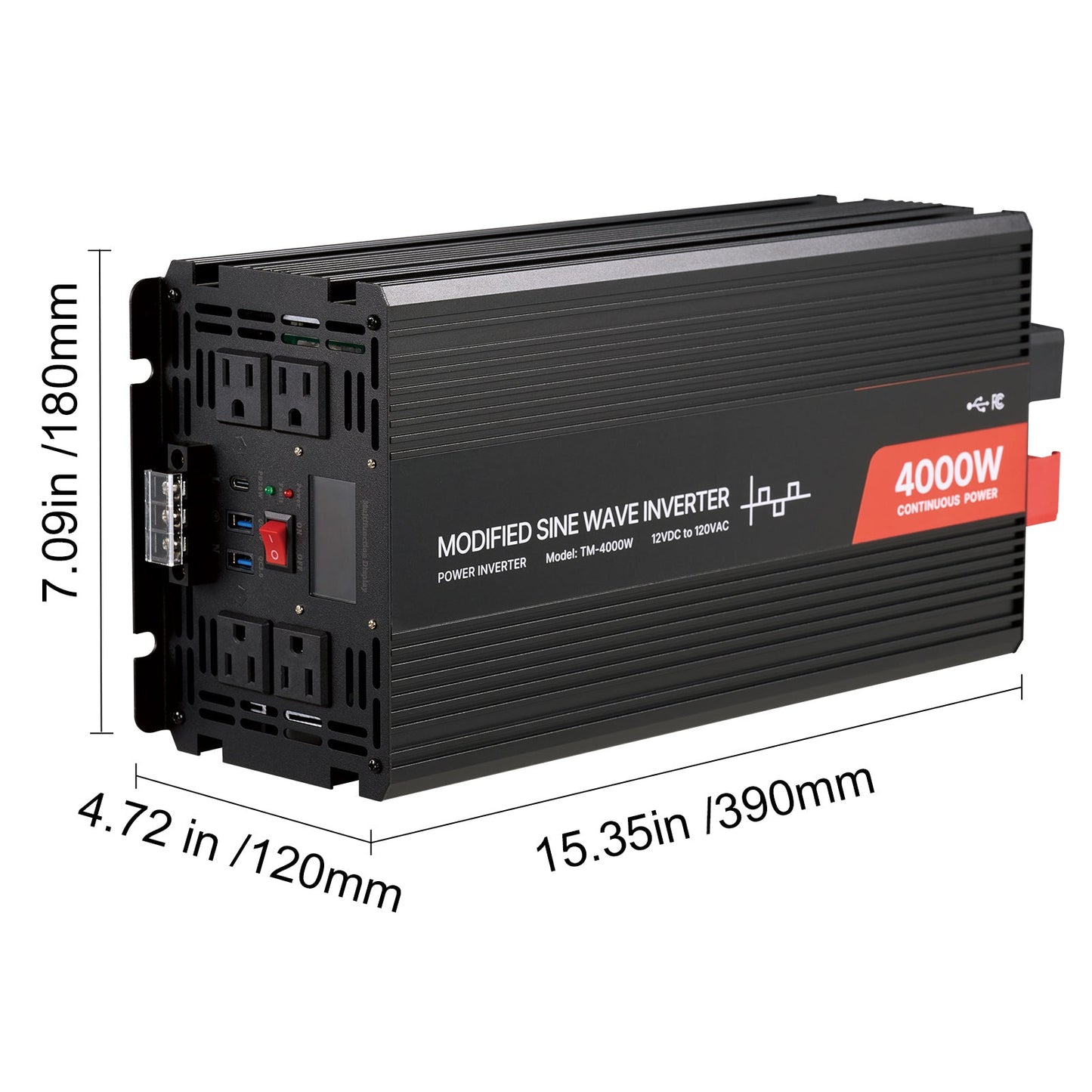 4000W Modified Sine Wave Power Inverter, 12V to 120V, LCD, USB, for RV Truck