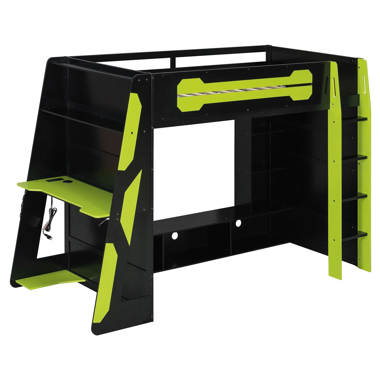 Twin Size Wood Loft Bed with Desk, Multi-storage Shelves and RGB Light, Green