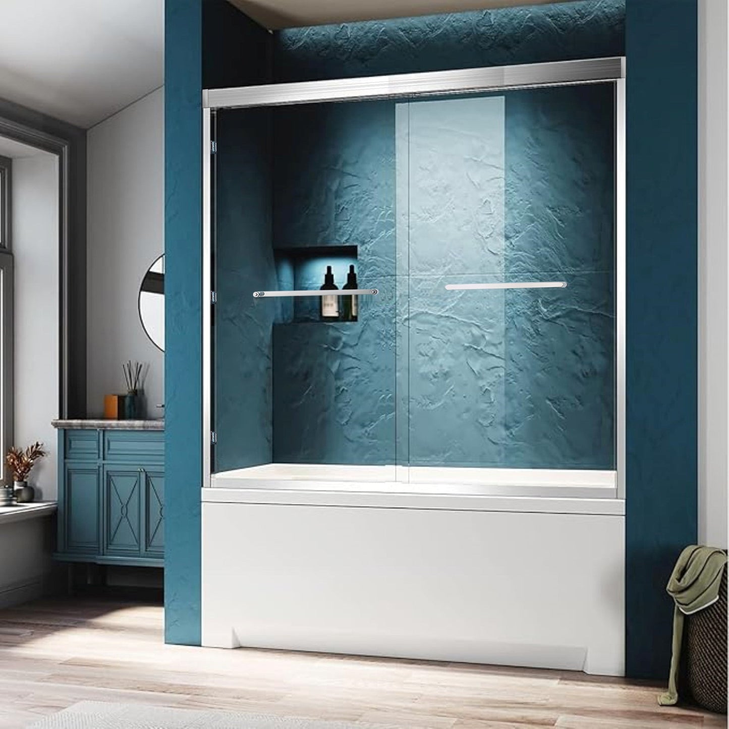 56-60in W x 60in H Double Sliding Tub Shower Door, Chrome Aluminum, 6mm Glass
