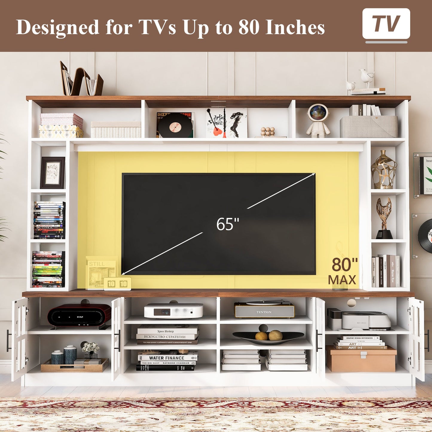 White MDF Glass TV Stand Entertainment Center Wall Unit 80