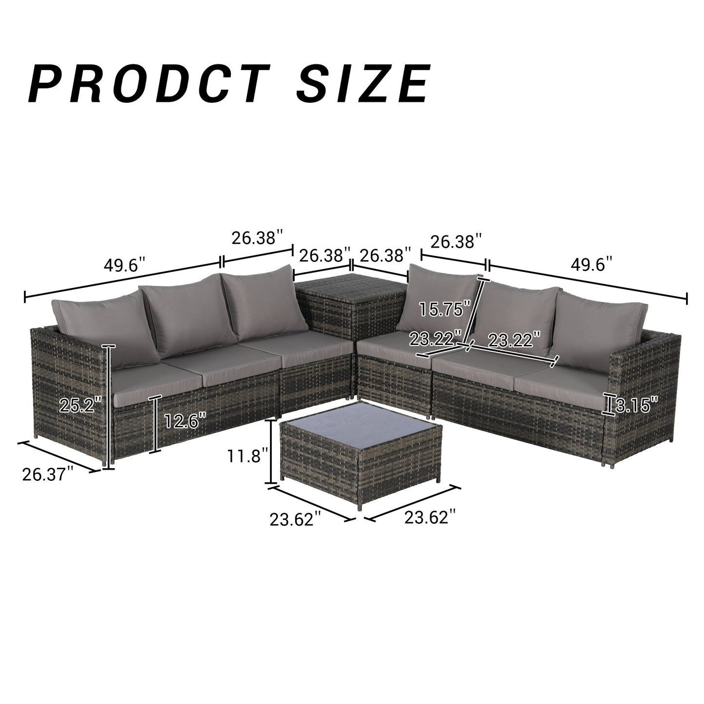 Outdoor Sectional Set PE Rattan Steel Dark Gray L-Shape 6 Piece Seats 8