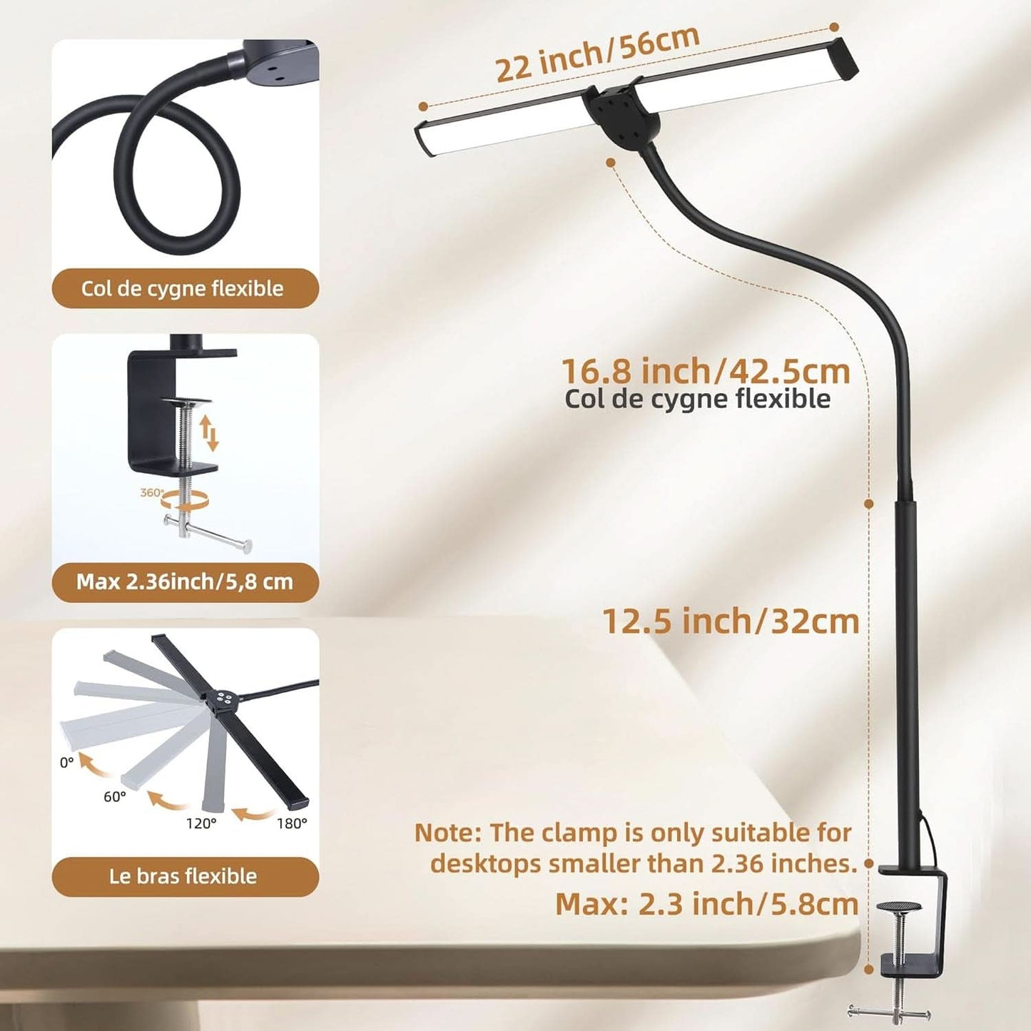 Led Desk Lamp Black Adjustable Gooseneck Dual Head Clip Lamp