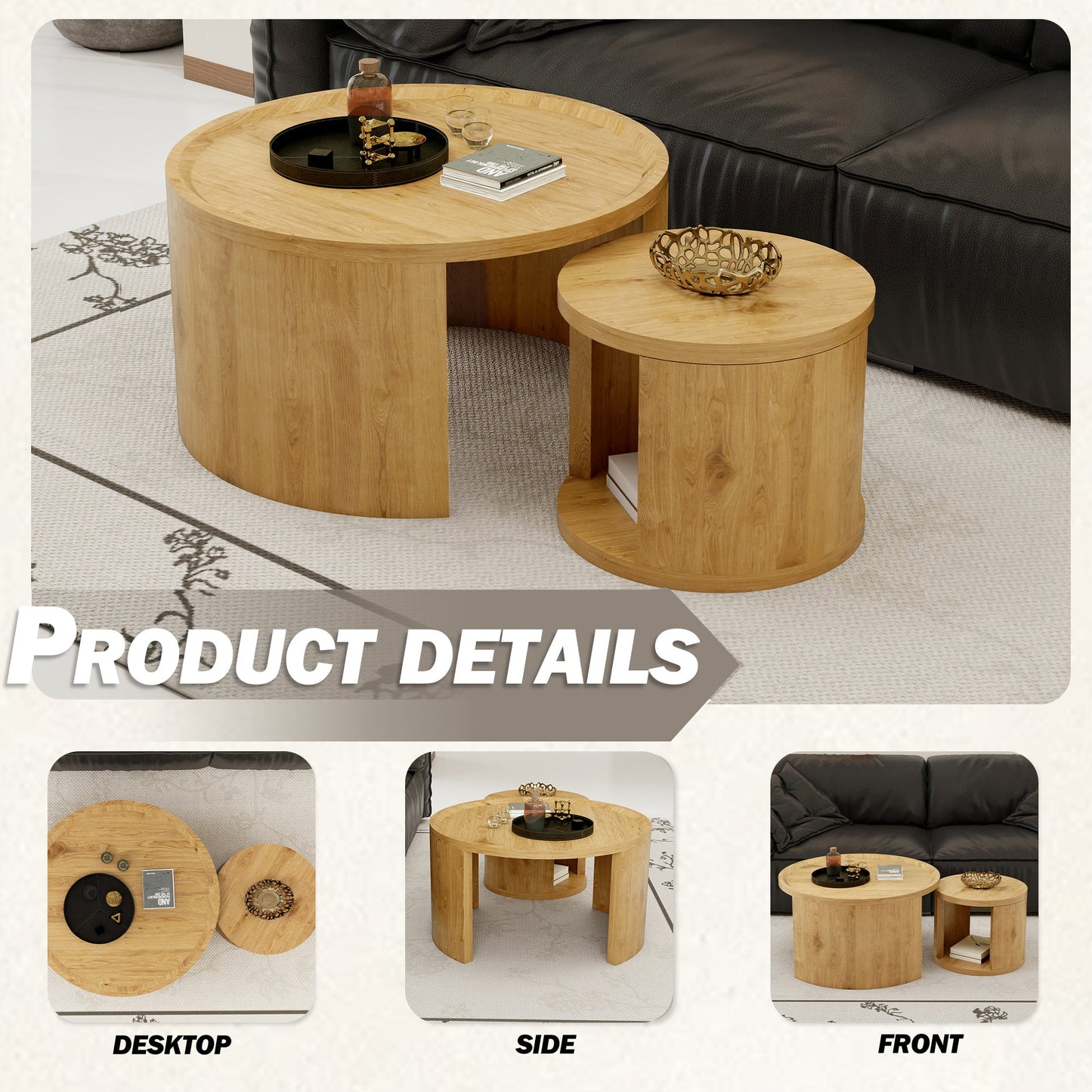 Round Nesting Coffee Table Set of 2, 31.5 and 18 in, Wood Top, Living Room