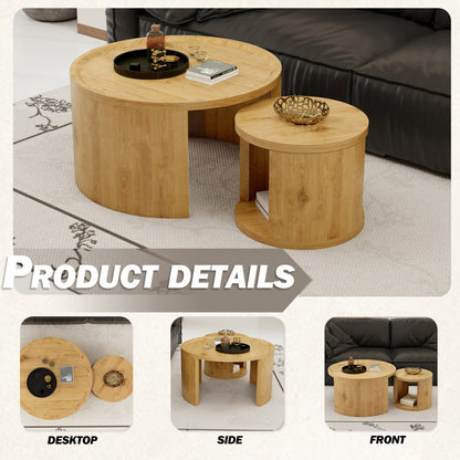 Round Nesting Coffee Table Set of 2, 31.5 and 18 in, Wood Top, Living Room