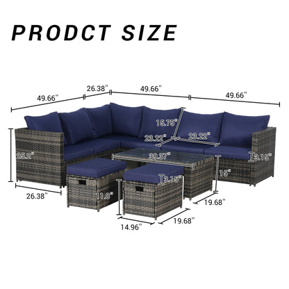 Outdoor Patio Rattan Set 6 Piece Seats 8 Dark Blue