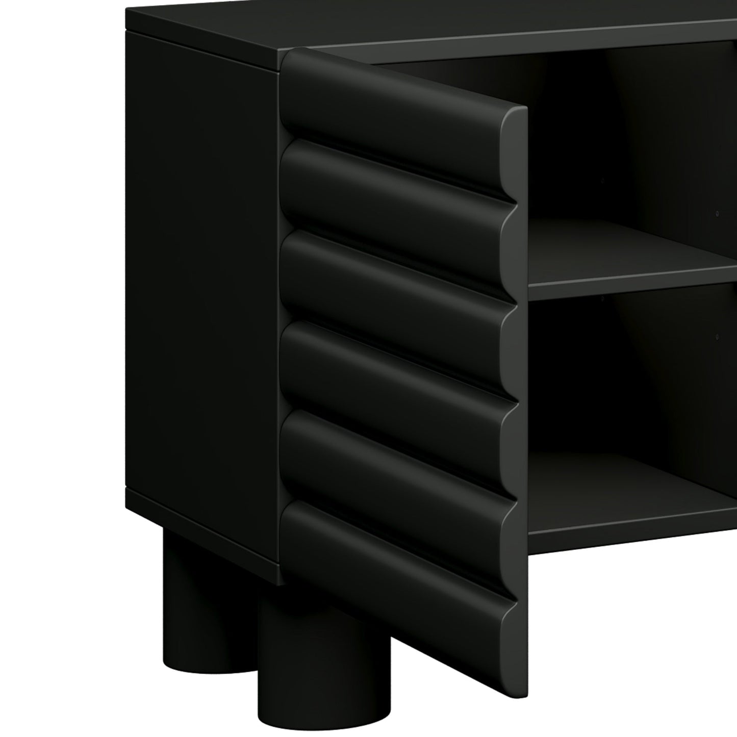 TV Stand Wavy Door Black MDF 4-Cabinet Cylindrical Legs Fits 70 In TV