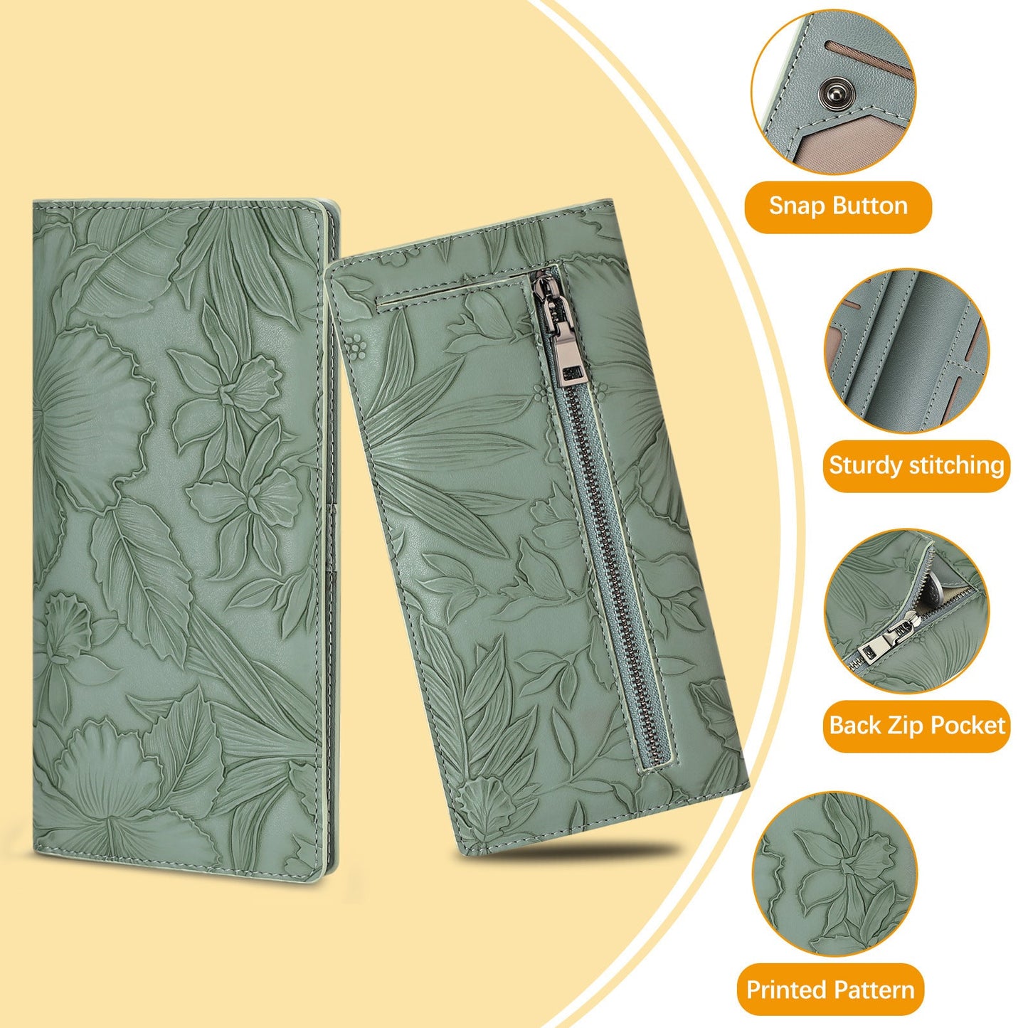 Floral Carved Womens Long Wallet With Embossed Pattern
