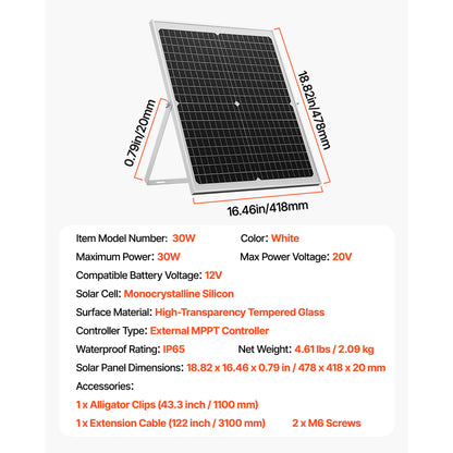 30W 12V Solar Battery Trickle Charger, MPPT Controller, IP67, Car Boat RV