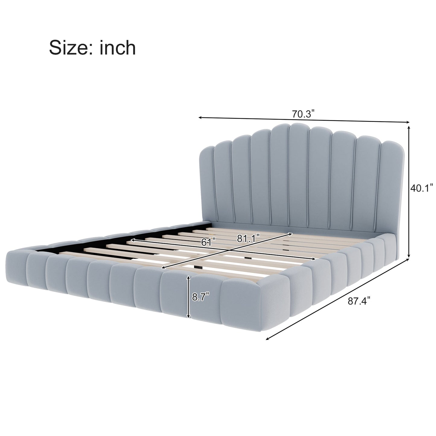 Velvet Upholstered Queen Bed Frame with Shell-Shaped Headboard, Light Blue