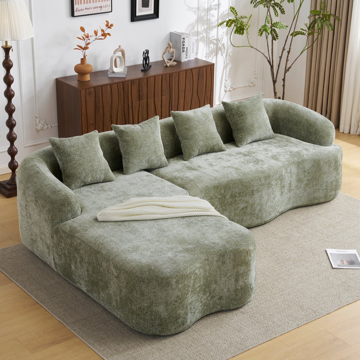 Sectional Sofa L-Shape Chenille Green 4 Seat 104