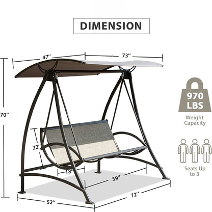 Outdoor Porch Swing 3-Seat Steel Textilene Dark Brown Canopy 73x52 In 970 LB