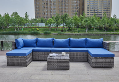 Outdoor Patio Sofa Set PE Rattan Blue Gray All Weather Steel Frame