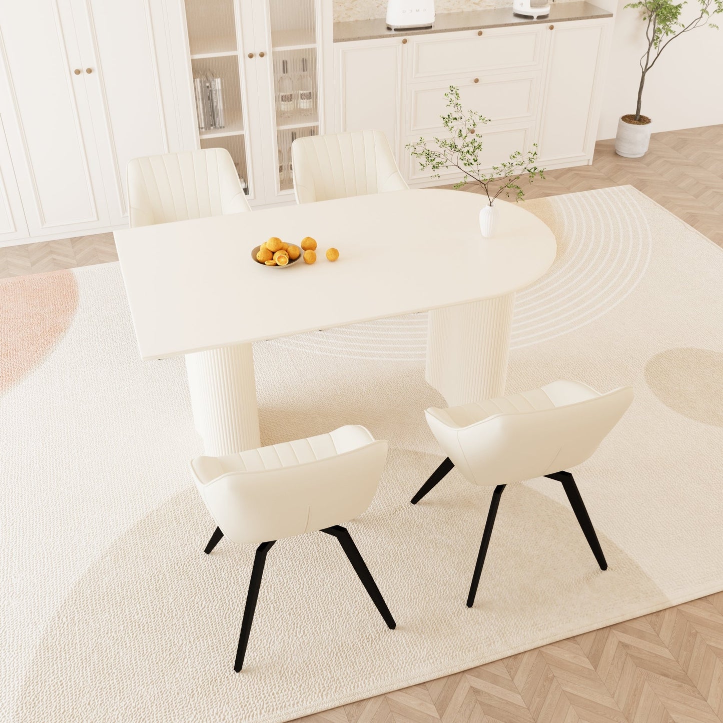 63' medieval modern cream style MDF dining table and beige PU dining chair set,