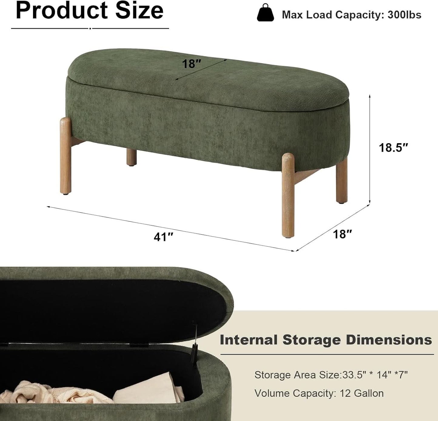 Green Oversized Storage Solution Bench Ottoman Bedroom