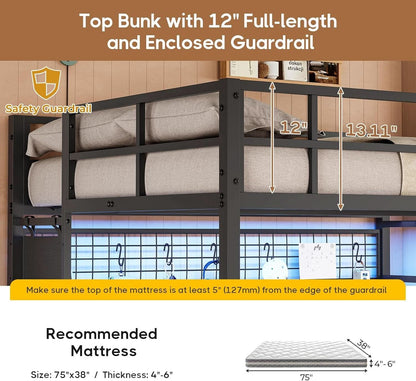 Black Full Over Twin Metal Bunk Bed With Desk LED Lights