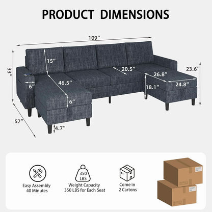 Blue Sectional Sofa With Reversible Chaise And Ottoman