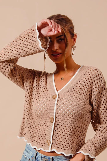 SO ME Open Knit Light Weight Sweater Cardigan With Contrast Wavy Scallop Edge