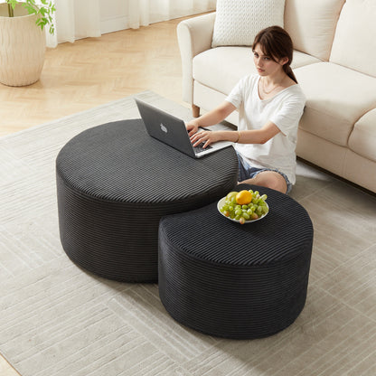 Upholstered Round Coffee Table Set of 2, Black Corduroy Fabric, No Assembly