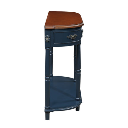 Retro Half-Moon Console Table with 2 Drawers & Open Shelf | 52" Curved Solid Wood Sofa Table — Navy Blue & Brown