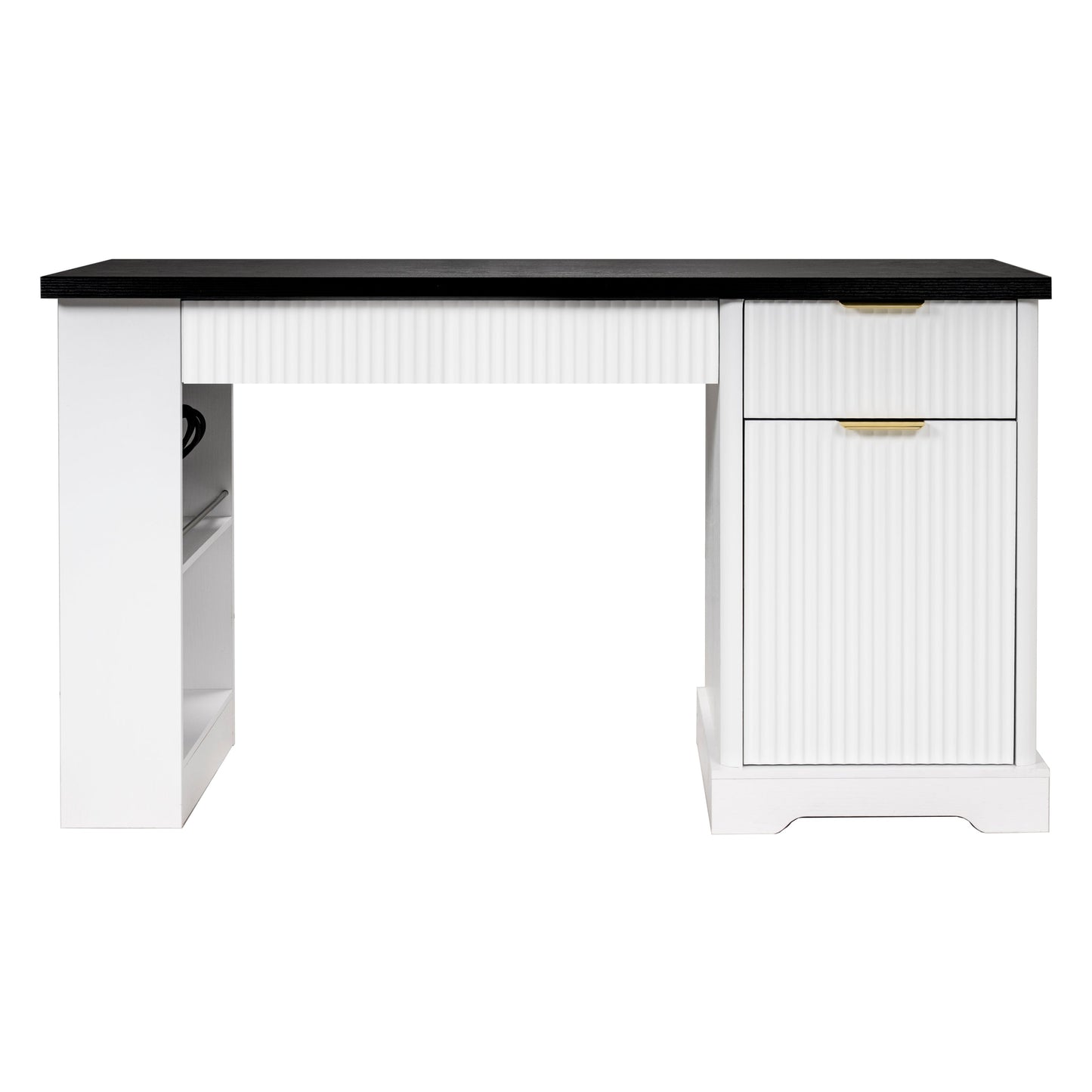 55' Modern Fluted Office Desk with Storage Cabinet and Drawers, Computer Writ...