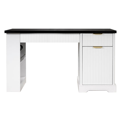 55' Modern Fluted Office Desk with Storage Cabinet and Drawers, Computer Writ...