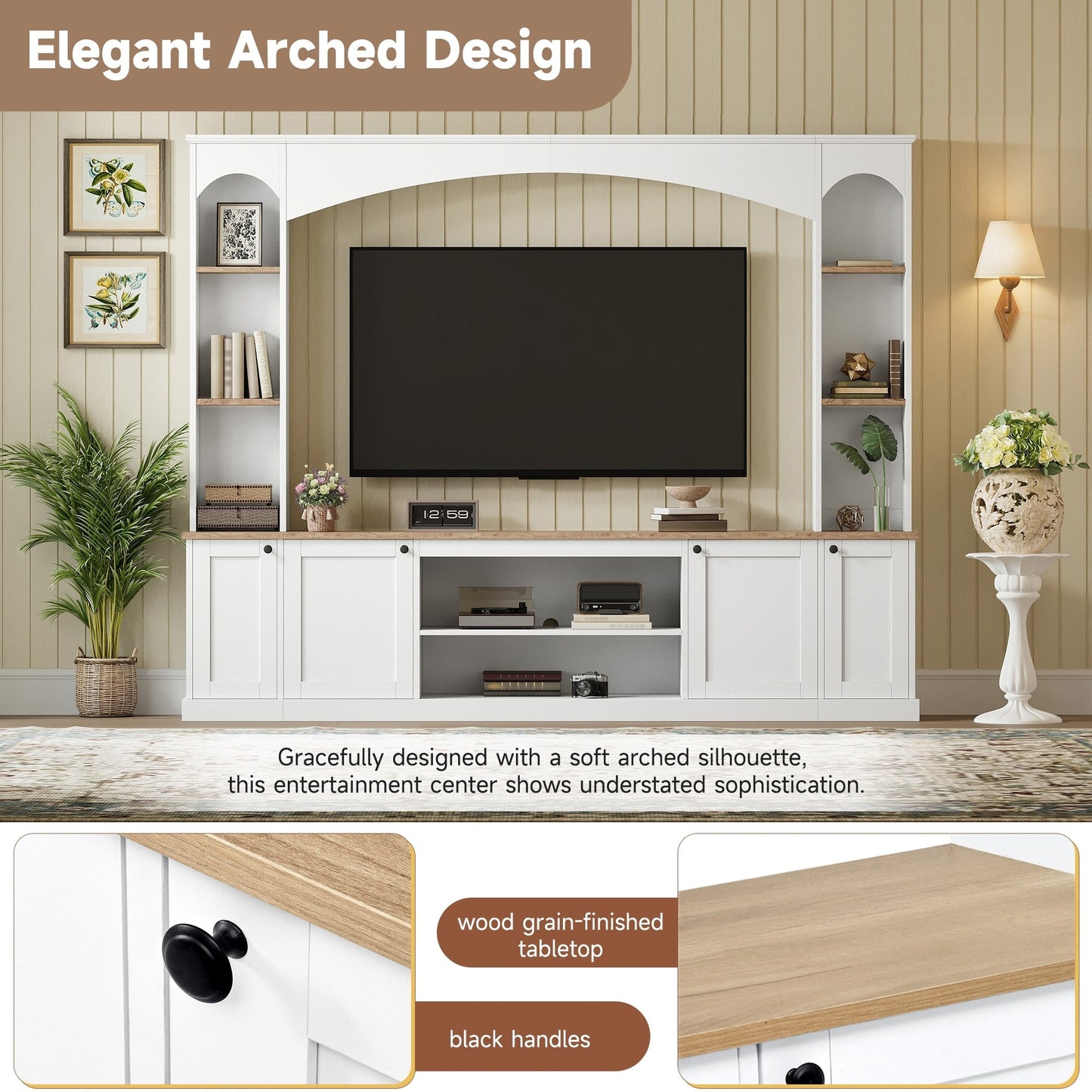 Entertainment Center Arched Wall Unit White MDF Fits TV 91.6x14.9x73.8 In