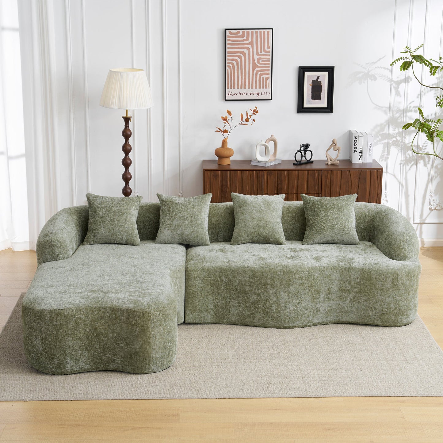 Sectional Sofa L-Shape Chenille Green 4 Seat 104