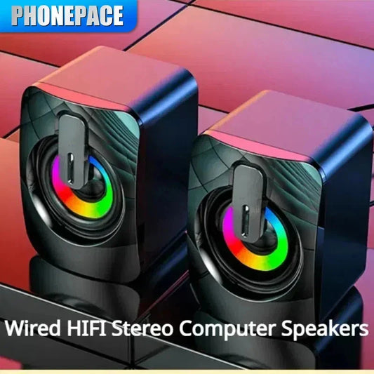 USB & 3.5mm Stereo Computer Speakers with Microphone and LED Lights - Compact HiFi Desktop PC Laptop Speakers