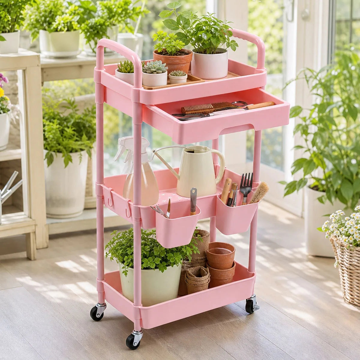 3-Tier Rolling Storage Cart with Drawer and Locking Wheels