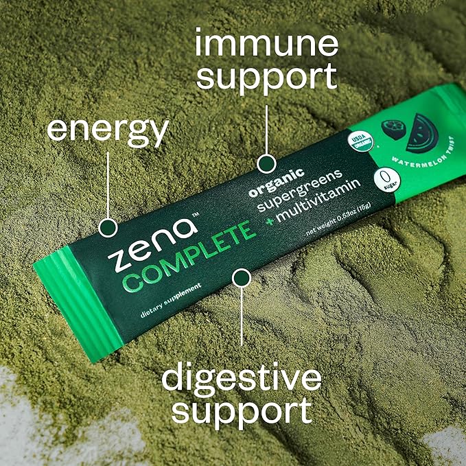Zena Complete Organic Super Greens Powder & Multivitamin, 90+ Supergreens, Fruits, Veggies, Pre & Probiotics, Watermelon Citrus Flavor, 30 Packets + Water Bottle