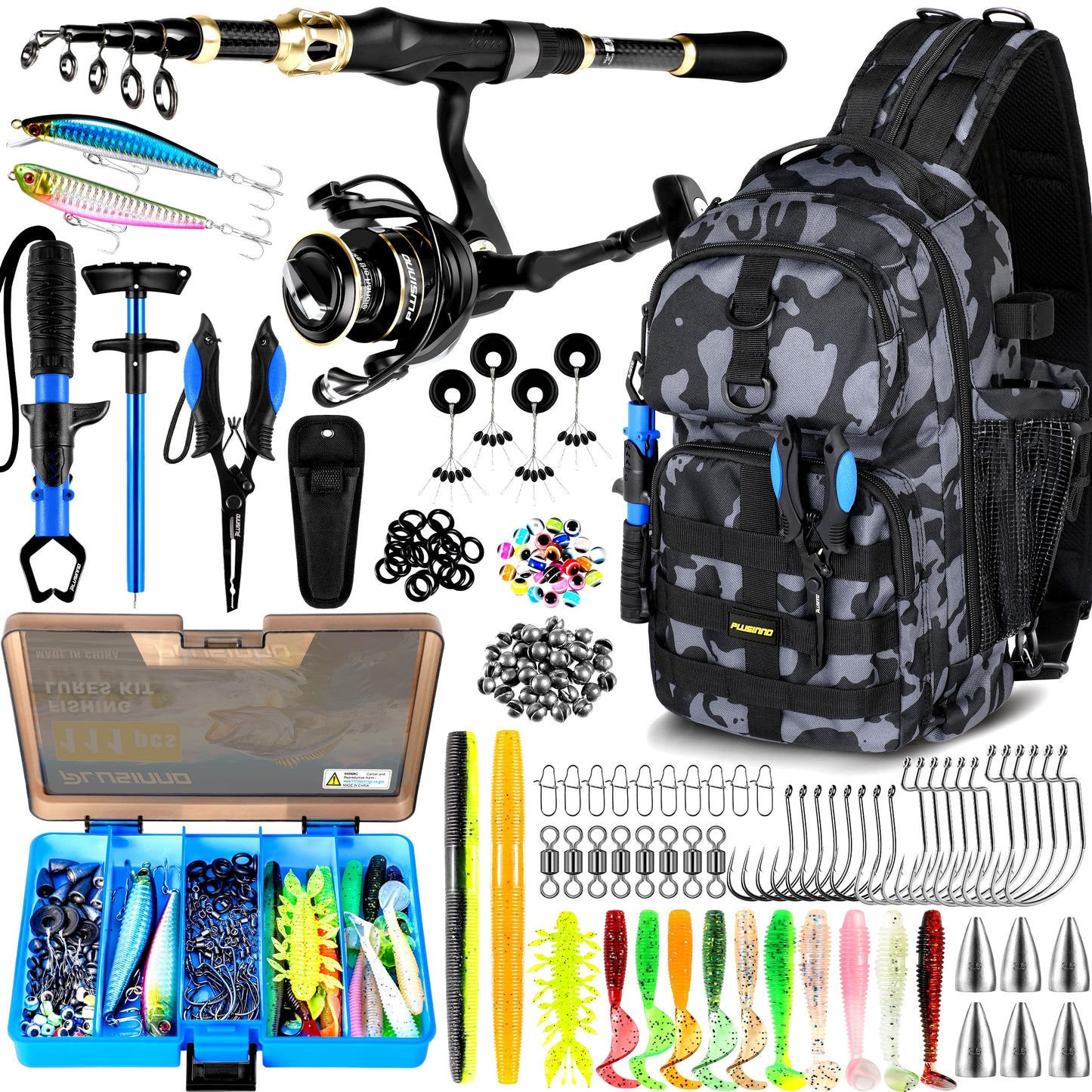 PLUSINNO Fishing Backpack with Tackle Boxes, Waterproof Fishing Sling Tackle Bag For Fishing Gear With Rod Holder, Fishing Gifts for Men With Fishing lures, Fishing pliers, Fish Lip Gripper.