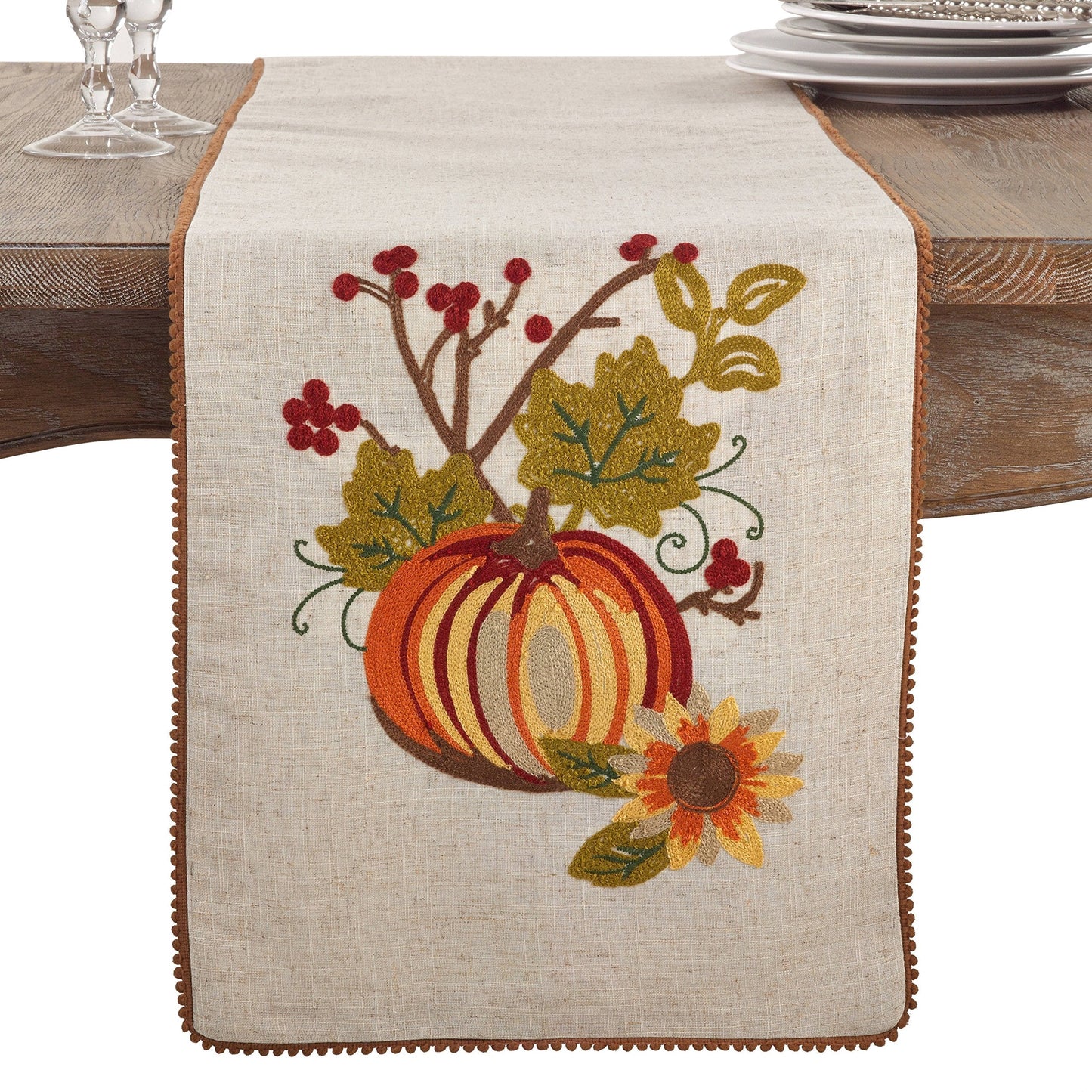 Fennco Styles Embroidered Pumpkin Colletion Holiday Thanksgiving Table Runner